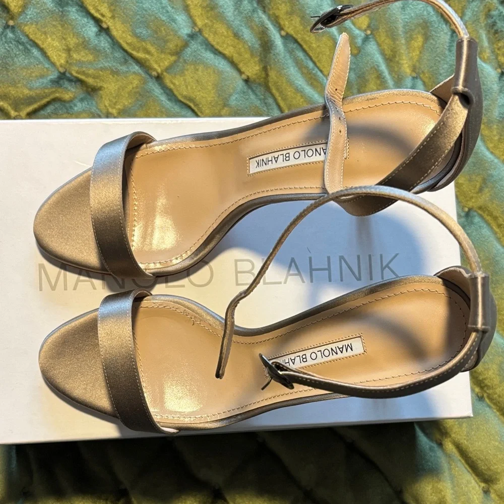Manolo Blahnik Metallic Satin Ankle-Strap Stiletto Sandals - Picture 6 of 12